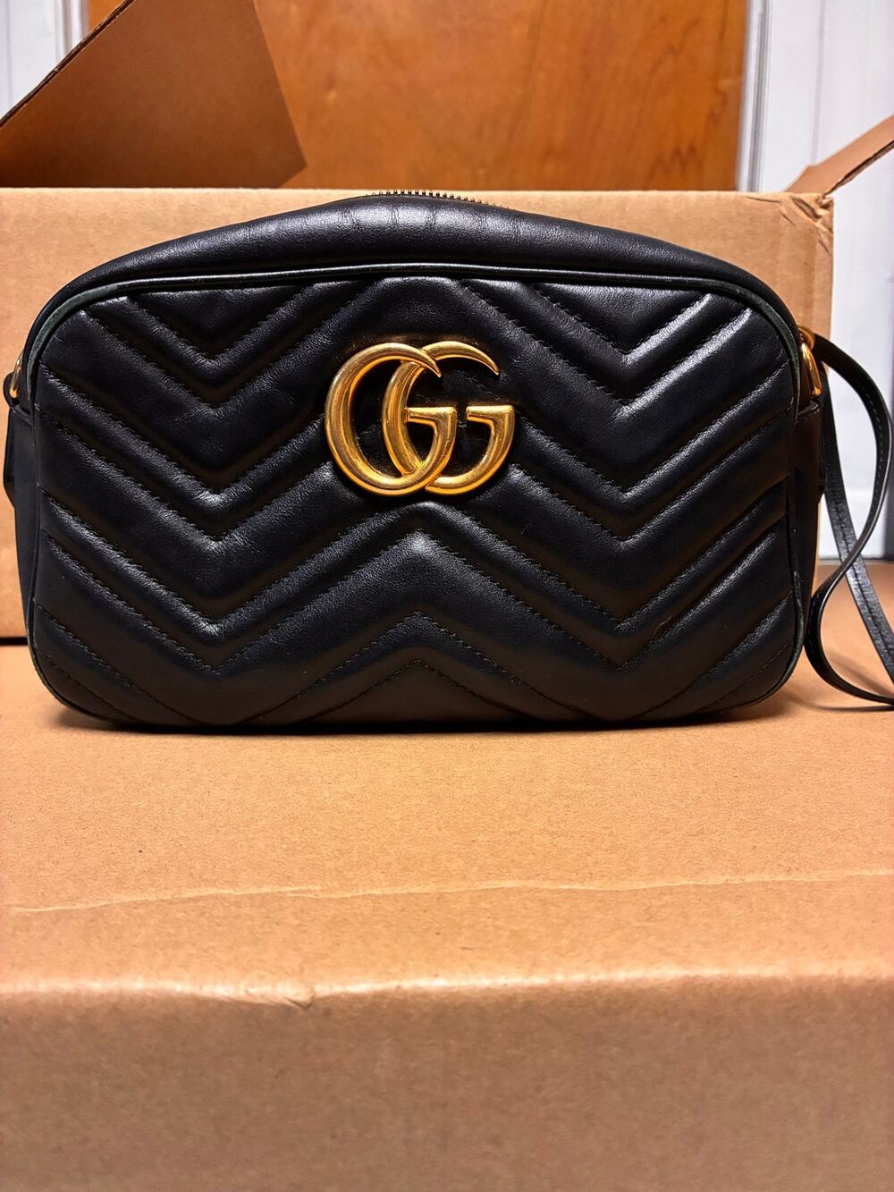 Gucci GG Marmont Black Matelassé Camera Bag – Gold GG